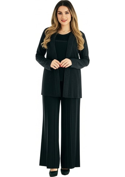 Kadın Siyah Anne Butik Takım İkili Simli Taş Baskılı Buklet Desenli Rahat Kesim Likralı Sandy Kumaş