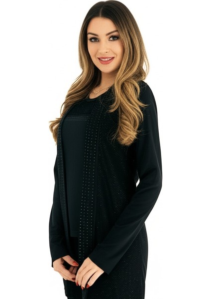 Kadın Siyah Anne Butik Takım İkili Simli Taş Baskılı Buklet Desenli Rahat Kesim Likralı Sandy Kumaş fiyatları