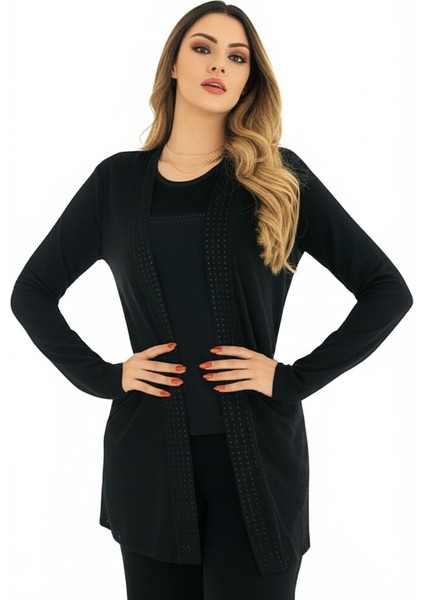 Kadın Siyah Anne Butik Takım İkili Simli Taş Baskılı Buklet Desenli Rahat Kesim Likralı Sandy Kumaş modelleri