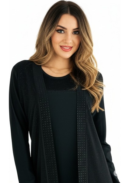 Kadın Siyah Anne Butik Takım İkili Simli Taş Baskılı Buklet Desenli Rahat Kesim Likralı Sandy Kumaş fırsatları