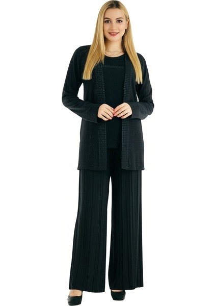 Kadın Siyah Anne Butik Takım İkili Simli Taş Baskılı Buklet Desenli Rahat Kesim Likralı Sandy Kumaş indirimleri