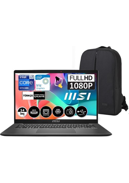 Msı Modern 14 F13MG-257XTR Intel Core I7 1355U 16GB 512GB SSD Freedos Taşınabilir Bilgisayar 14" Fhd Taşınabilir Bilgisayar+Snertech Çanta