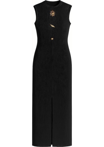 Aksesuar Detaylı Ottoman Kumaş Önü Yırtmaçlı Uzun Kalem Elbise fırsatları