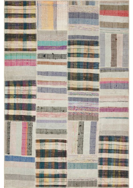 Iskece Bej Patchwork Yün Modern Desenli Yün Hav Toz Vermez Leke Tutmayan Salon Yolluk Mutfak El Dokuma Halı