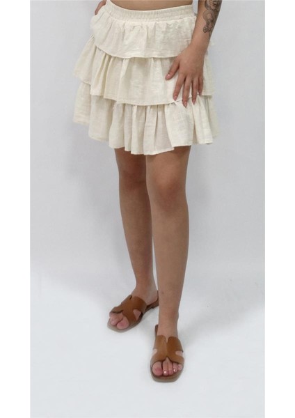 Kadın Nisan Fırfırlı Keten Etek