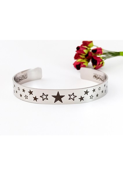 Içinde Ayetel Kürsi Yazılı Yıldız Motifli Paslanmaz Çelik Bileklik