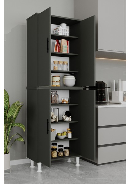 AE-2086 Bala Antrasit Gri Çok Amaçlı Mutfak Dolabı & Banyo Dolabı, Kiler, 4 Kapaklı, Raflı, Ayaklı