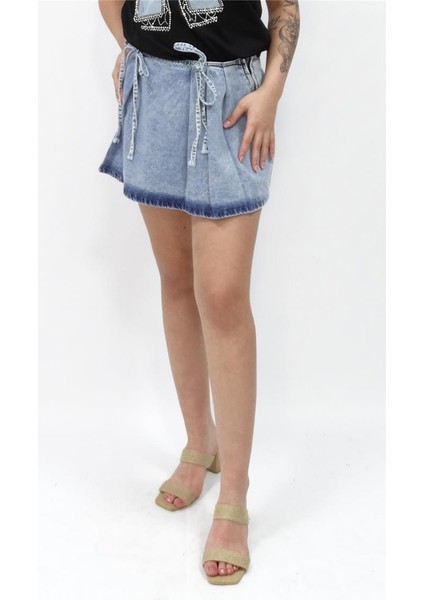 Kadın Bağcıklı Pileli Kot Etek