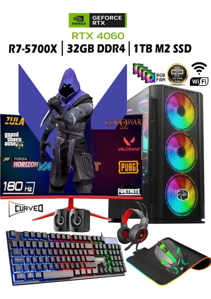 TC64 Ryzen 7 5700X 32GB 1tb M.2 SSD RTX4060 8gb 24'' 180HZ Curved Masaüstü Oyuncu Bilgisayarı
