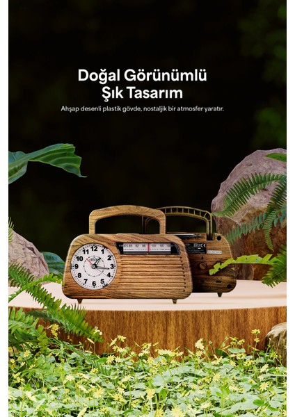 Çalar Saatli Analog Kadranlı Ahşap Taşınabilir Radyo DB-1952 Woody modelleri