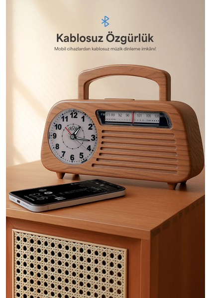 Çalar Saatli Analog Kadranlı Ahşap Taşınabilir Radyo DB-1952 Woody indirimleri