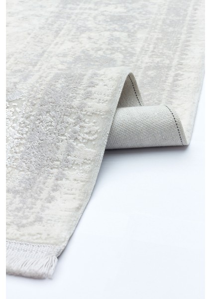 Xena Beyaz Çerçeveli Etnik Modern Desenli Viskon Hav Vermeyen Leke Tutmayan Kolay Temizlenen Yumuşak Makine Salon Yolluk Mutfak Halı