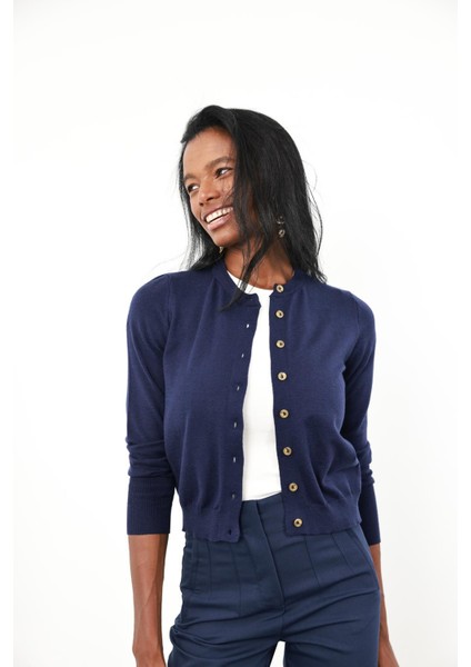 Lacivert Kemik Düğmeli Lyocell Iplik Hırka