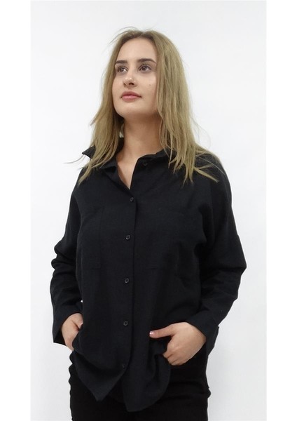 Kadın Çift Cepli Keten Owesize Gömlek