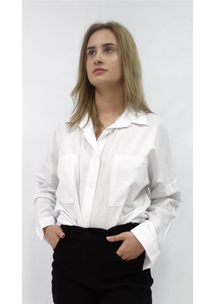 Kadın Çift Cepli Keten Owesize Gömlek