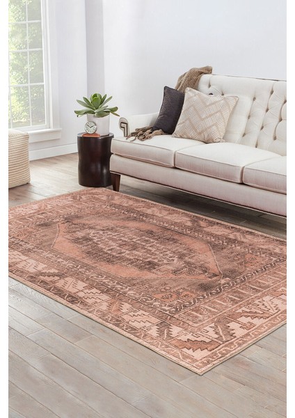 Anse Source Klasik Kahverengi Polyester Kare Modern Desenli Pamuk Makinada Yıkanabilir Hav Toz Vermez Leke Tutmayan Kaymaz Taban Dijital Makine Baskı Salon Yolluk Mutfak Halı