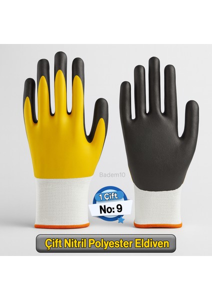 Çift Nitril Polyester Double Nitril Iş Güvenlik Inşaat Eldiveni (Sarı-Siyah) No:9 L Beden
