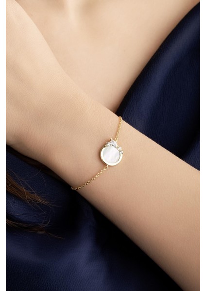 Sedef Taşlı 18 Ayar Sarı Altın Kaplama 19 cm Gümüş Minimal Bileklik fiyatları