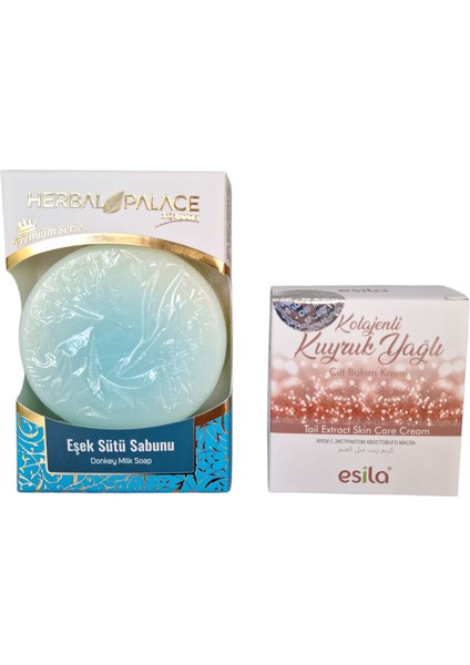 Eşek Sütü Sabunu 125 gr + Kolajenli Kuyruk Yağlı Cilt Bakım Kremi 50 ml Avantajlı Bakım Seti
