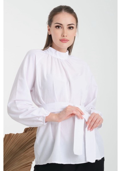 Tesettür Kuşaklı Kol Büzgülü Gömlek