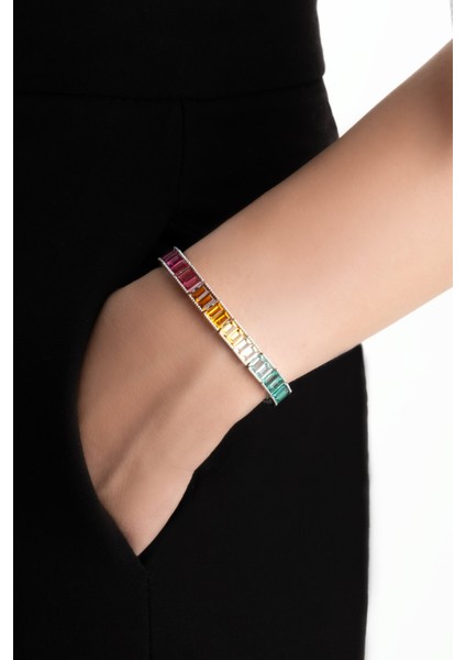 Renkli Dans 18 Ayar Beyaz Altın Kaplama Gümüş Baget Bileklik fiyatları