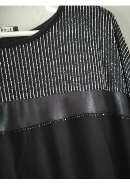 Kadın Simli Çizgili Viskon Tişört -Siyah-Xl fırsatları