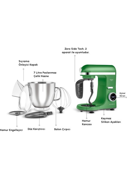 Mastermaid Chef Ultra D2000W Dijital Ekranlı Hamur Yoğurma Makinesi Emerald Green 7l modelleri
