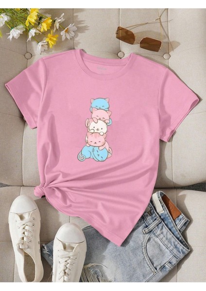 Kedi Baskılı Kadın Pamuk T-Shirt