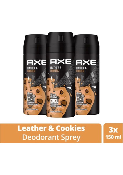 3 Adet Erkek Sprey Deodorant Leather & Cookies 48 Saat Etkileyici Koku 150 ml