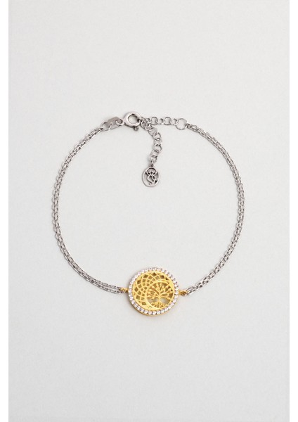 Hayat Ağacı 18 Ayar Sarı ve Beyaz Altın Kaplama 19 cm Gümüş Bileklik