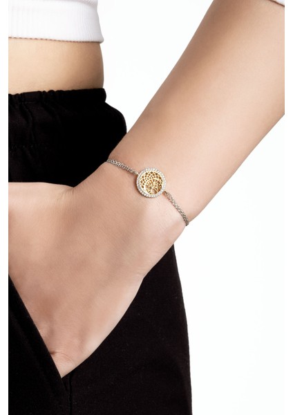 Hayat Ağacı 18 Ayar Sarı ve Beyaz Altın Kaplama 19 cm Gümüş Bileklik fiyatları