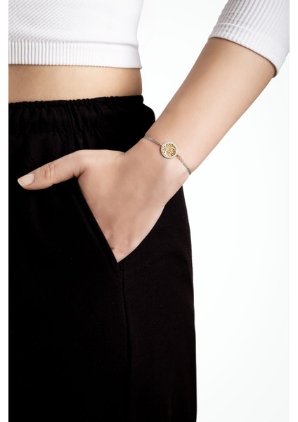 Hayat Ağacı 18 Ayar Sarı ve Beyaz Altın Kaplama 19 cm Gümüş Bileklik fırsatları