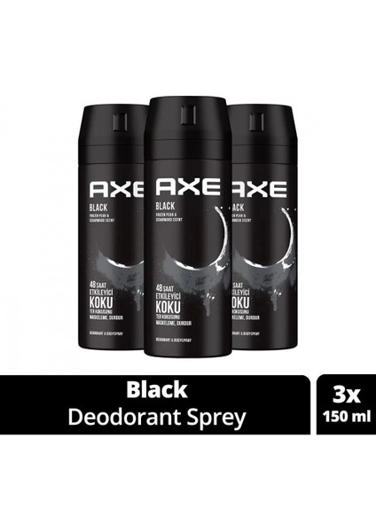 3 Adet Erkek Deodorant & Bodyspray Black 48 Saat Etkileyici Koku Vücut Spreyi 150 ml