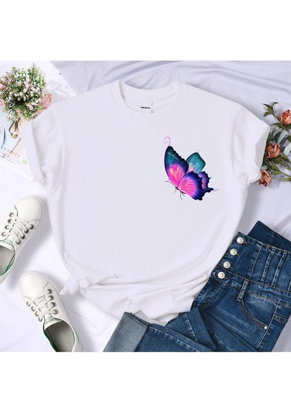 Renkli Kelebek Baskılı Pamuk T-Shirt