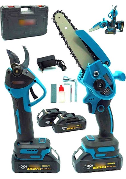 2'li Çift Akülü Dal Kesme Bitki Temizleme Budama Seti Makası ve Zincirli Testere Ağaç