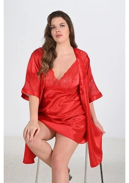 2li Kırmızı Sabahlık Takımı Bigsize 6207