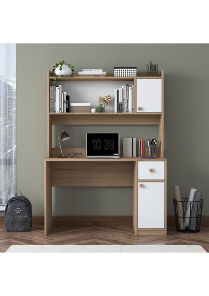 HA127 Kitaplıklı Raflı 2 Kapaklı 1 Çekmeceli Çalışma Ofis Bilgisayar Masası Sepet Ceviz - Beyaz modelleri