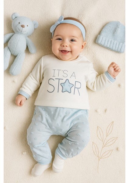 3-6/6-9/9-12 Ay Unisex Yıldız Kabartma Desenli Yeni Doğan Tulum Şapka Takım Seti