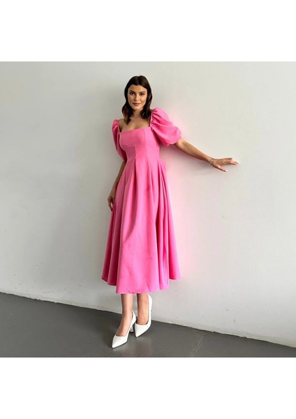 Karpuz Kol Kare Yaka Midi Elbise