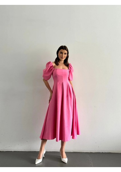 Karpuz Kol Kare Yaka Midi Elbise fiyatları