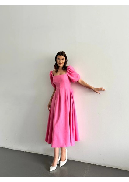 Karpuz Kol Kare Yaka Midi Elbise modelleri