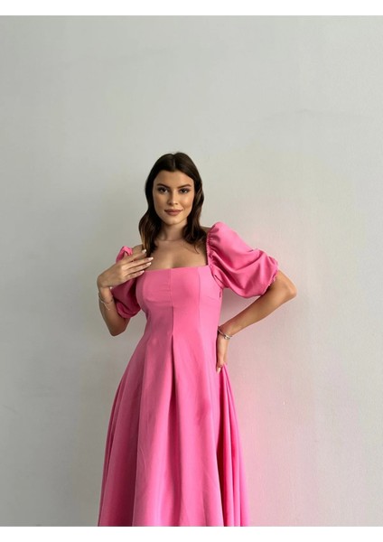 Karpuz Kol Kare Yaka Midi Elbise fırsatları