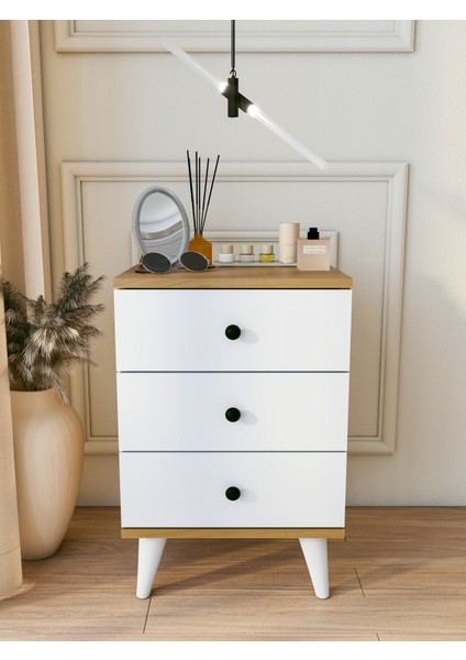 Komodin Parlak Beyaz Marbella 3 Çekmeceli Modern Komodin Yatak Odası