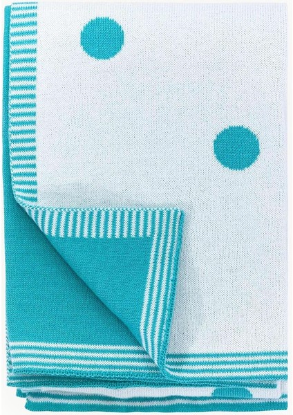 Puantiyeli Triko Bebek Battaniyesi Çift Renkli Turkuaz Beyaz 70x90cm