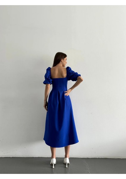 Karpuz Kol Kare Yaka Midi Elbise modelleri