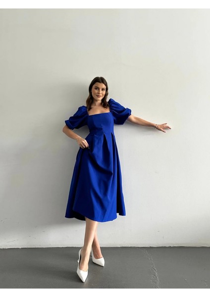 Karpuz Kol Kare Yaka Midi Elbise fiyatları