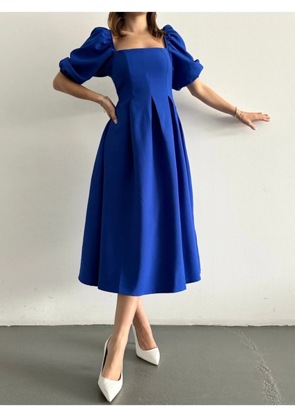 Karpuz Kol Kare Yaka Midi Elbise