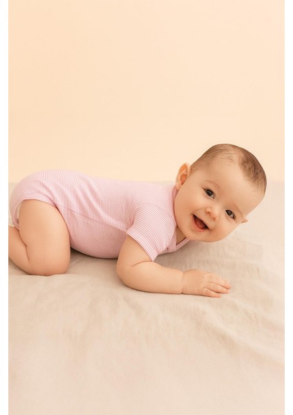 Pamuklu Bebek Çıtçıtlı Kısa Kollu Body Zarf Yaka Pembe Çizgili