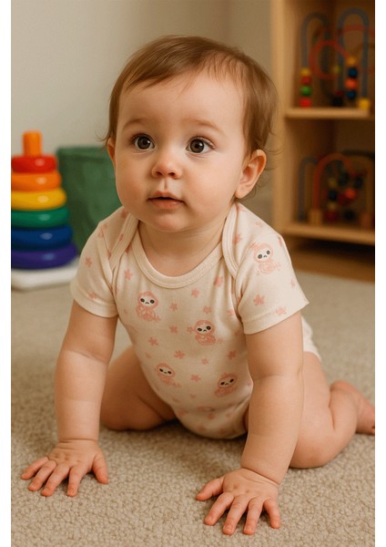 Pamuklu Bebek Çıtçıtlı Kısa Kollu Body Zarf Yaka Pembe Miskin