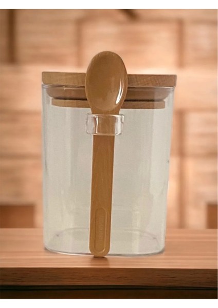 Kare Bambu Kapaklı Kaşıklı Kristal Plastik Baharat Saklama Kabı 500ML ( 1 Adet ) -HS501